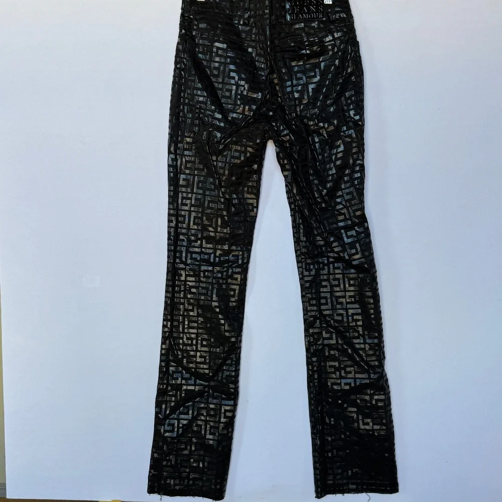 Y2K Vintage Guess Jeans Glamour Monogram Pants Women's Size 27 Black Metallic‎ G